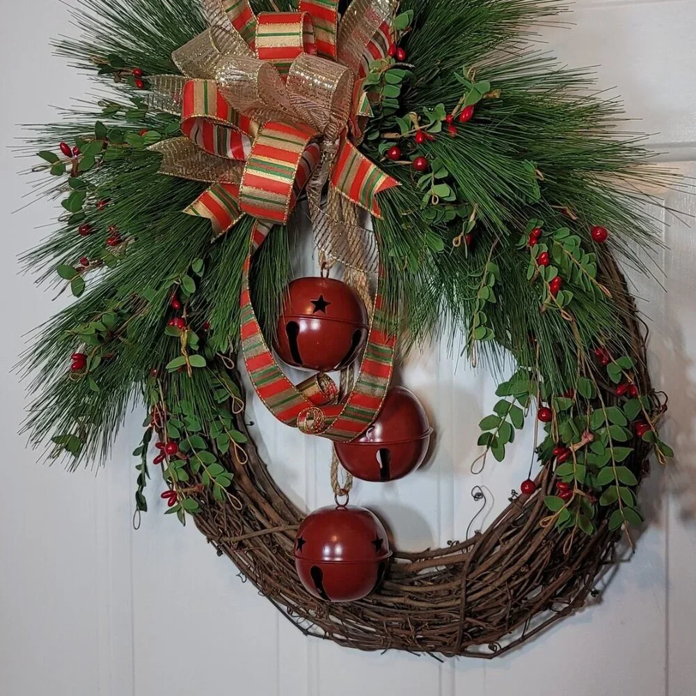 Red Bells, Berries Pine Wreath, Winter Holiday Bells Wreath, Hand Crafted